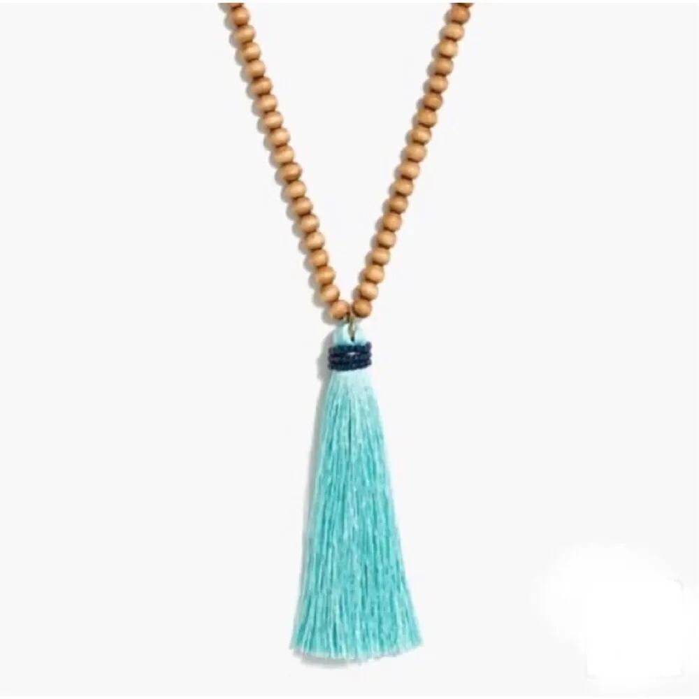 J.Crew wood bead blue tassel.necklace